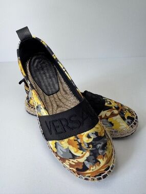 Versace Black and Yellow Baroque-Print Espadrille Flats